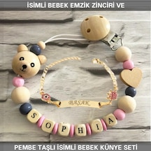 Sahi Aksesuar İsimli Bebek Emzik Zinciri ve İsimli Bebek Künye Seti BEZYI295 Pembe