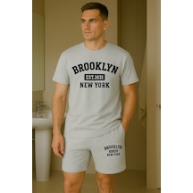Unisex Brooklyn Baskılı Bisiklet Yaka Gri T-shirt Gri Şort Gri
