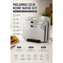 3 Lü 304 Paslanmaz Çelik Kesme Tahtası Seti Ahşap Standlı, Çift Taraflı Desenli Yüzey, Bulaşık Makinesinde Yıkanabilir, Günlük Mutfak Kullanımı İçin Mini, Küçük Ve Büyük Boy 17x26 / 20x30 / 23x34 C