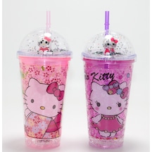 Sevimli Hello Kitty Işıklı Pipetli Boncuklu Suluk & Bardak 400 Ml Çok Renkli
