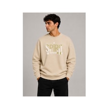 Herkesemoda Spirit Baskı Detaylı Bisiklet Yaka Şardonlu 2 İplik Sweatshirt Bej