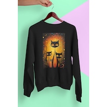 Magors Stıl-x Sevimli Kediler Baskılı Unısex Bisiklet Yaka Oversize Sweatshırt Siyah-6