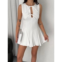 Defymoda Göğüs Bağlamalı Kolsuz Mini Boy Elbise - Beyaz Beyaz