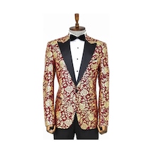 Wessi Gold Gül Desenli Slim Fit Bordo Erkek Smokin Ceket Bordo