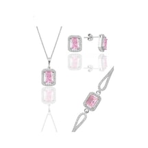 Gümüş Rodyumlu Pembe Taşlı Baget Kesim Üçlü Set