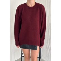 Femelle Kadın Bordo Standart Beden Oversize Basic Triko Kazak - 357bnd