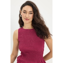 Tudors Kadın Slim Fit Dar Kesim %100 Pamuk Sıfır Kol Büzgülü Bisiklet Yaka Fuşya Bluz-50372 FUŞYA
