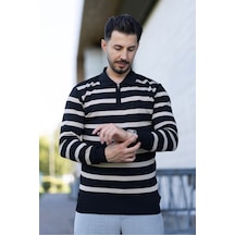Hk Premium Kazak Fermuarlı Polo Yaka Çizgili Triko Sweatshirt Siyah