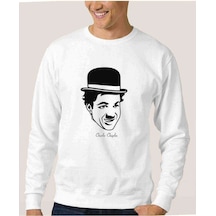 Charlie Chaplin Baskılı Beyaz Erkek Örme Sweatshirt (530952308)