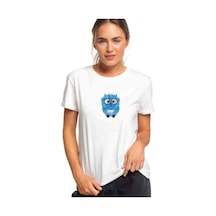 Mavi Baykuş Resim Baykuş Sevimli Mavi Baskılı Beyaz Kadın Tshirt (534732483)