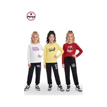 Panios Kids 3'lü Yuvarlak Yaka Sweatshirt Siyah Eşofmanlı Baskı Detaylı 6 Parça Kız Çocuk Alt Üst Takım Beyaz - Sarı