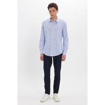 Tudors Erkek Slim Fit Dar Kesim %100 Pamuk Çizgili Uzun Kollu Keten Efektli Mavi Gömlek-46297