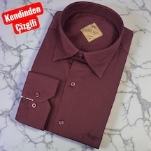 Pamuklu Kandinden Çizgili Uzun Kollu Yakası Alttan Düğmeli Erkek Gömlek Regular Kalıp Bordo