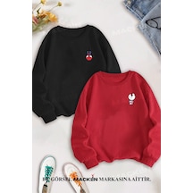 Macklin Sevgili Çift Kombin Hello Kitty Spiderman Göğüs Baskılı Bisiklet Yaka Sweatshirt 2li Set Takım Siyah Kırmızı Mck1376 Çok Renkli