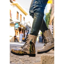 Kadın Vegan Deri Bej Fermuarlı Uzun Bot - Gracious Feathers Tasarım Multicolor