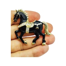 Siyah & Beyaz At Broş - Kristal Taşlı Zarif Horse Brooch Şık Hayvan Figürlü Aksesuar Siyah