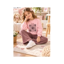 Uğur Bebe %100 Pamuk Kız Çocuk Eşofman Takımı Acapella Çiçek Baskılı Sweatshirt İspanyol Paça Pantolon Pembe Kahverengi Pembe Kahverengi
