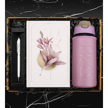 500 Ml Deri Kılıflı Cam Matara & Tasarım Defter & Touch Pen Kalem Hediye Seti