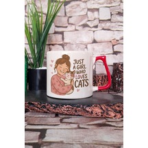 Just A Girl Who Loves Cats Baskılı Kedi Aşığı Kız Hediyelik Kulplu Kupa Bardak Kırmızı