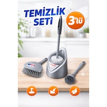 3 Lü Temizlik Fırça Seti Klozet Fırçası, Sert Zemin Fırçası, Lavabo Fırçası Gri Gri