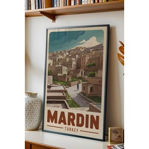 Mardin Tablo - Retro Travel Poster - Tarihi Şehir Duvar Dekoru - Çerçeveli Şehir İllüstrasyonu Siyah