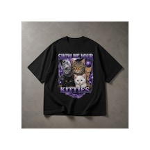 Yolo Street Oversize Siyah Unisex Tişört %100 Pamuk Show Me Your Kitties Kedi Baskılı Vintage Grafik Siyah11