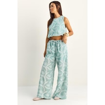 Shade Kadın Nakış İşlemeli Lastikli Balon Crop Bluz Geniş Paça Pantolon Takım 8037 60286157 - Su Yeşili