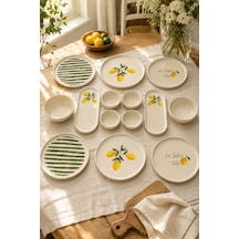Amalfi 14 Parça 6 Kişilik Seramik Stackable Kahvaltı Takımı Limon Desenli Ayaklı Sunumluklu Sofra Seti Beyaz