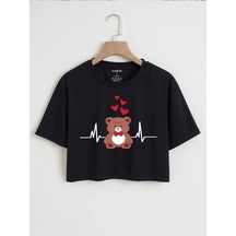Bear Minimal Kalpler Baskılı Kadın Crop Siyah T-shirt Siyah2-280912