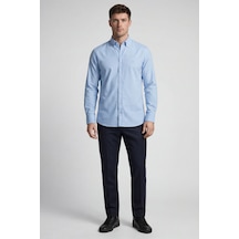 Bisse Mavi Regular Fit Pamuk Keten Cepsiz Uzun Paşa Yaka Gömlek Bsgmktn25325 D35