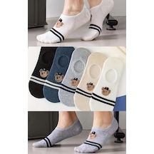 Trampler Kadın Görünmez Babet Çorap Ayıcık Desenli Çizgili Renkli 5 Çift Çok Renkli