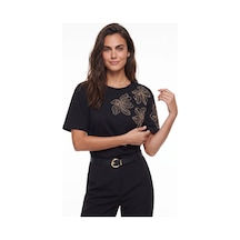 Onloox Kadın Siyah Siyah Pamuklu Esnek Bisiklet Yaka Minimal Form Boncuk Taş Ve Payet İşlemeli Çiçek Desenli T-shirt