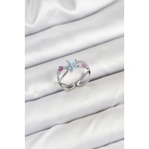 Tua Moda Pirinç Gümüş Renk Zirkon Taşlı Mavi Çiçekli Kadın Yüzük Gümüş