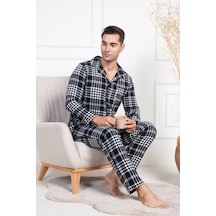 Mecit Pijama Mecit 2950 Beyaz Ekoseli Büyük Beden Kışlık Erkek Pijama Takımı Beyaz