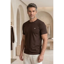 D's Damat Erkek T-shirt, Regular Fit Bisiklet Yaka Esnek Pamuklu Günlük Kısa Kollu Tişört Koyu Kahverengi Renkli