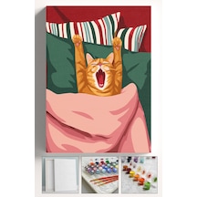 Sayılarla Boyama Seti Numaralı Tuval Fırça Boya Askı Aparatı Dahil Set 40x50 Cm - Esneyen Kedi