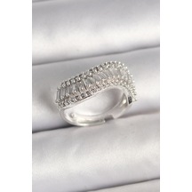 Nova Bazaar Pirinç Gümüş Renk Su Yolu Zirkon Dalga Model Ayarlanabilir Kadın Yüzük Gümüş