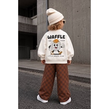 Monila Erkek Çocuk 3 İplik Pamuklu Ekru Waffle Baskılı Sweatshirt Ve Kahverengi Kareli Alt Üst Takım
