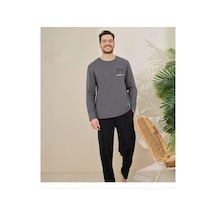 Pijamoni Erkek Pamuklu Bisiklet Yaka Uzun Kol İnce Pijama Takımı 6150/10 - 1 Adet Füme