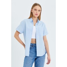 3950 Kadın Oxford Kısa Kollu Basic Gömlek Bebe Mavi Bebe Mavi