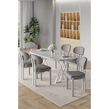 Canisa Radon Serisi Mdf 90x168 Sabit Beyaz Mutfak Masası Takımı 6 Gri Sandalye Beyaz Masa Gri Sandalye