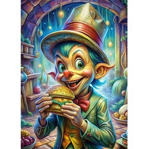 Hamburger Yiyen Sevimli Cin Hediyelik Ahşap Tablo 35cm X50cm