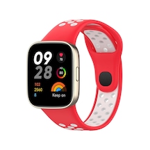 Redmi Watch 3 Spor Delikli Kordon - Kırmızı-beyaz Ahşap