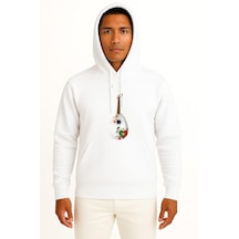 Bahriyeli Collection Kapüşonlu Portekiz Ukulele Gitar Göğüs Baskılı Unisex Sweatshirt Beyaz