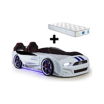 Beyaz Arabalı Yatak Kapıları Açılan Mustang Full Ledli Kumandalı Ve Müzikli + Ortopedik Yatak