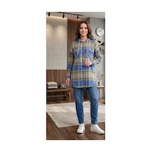 Polologin Butik Kadın Mavi Sarı Ekose Kapüşonlu Gömlek Ceket - Oversize Kalıp, Çift Cepli, Mevsimlik Ceket Diğer