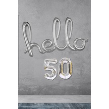 50 Yaş Doğum Günü Balonları - Hello 50 El Yazısı Gümüş Renk Folyo Balon Çok Renkli