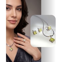 925 Ayar Gümüş Zebercet Peridot Doğal Taşlı Baget Tasarım Kadın Mücevher Set Kolye Küpe Yüzük S.255