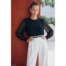 Sateen Yaka Detaylı Bluz - Siyah-137965