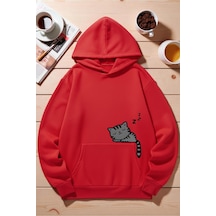 Uyguntarz Unisex Uyuyan Kedi Baskılı Kapüşonlu Sweatshirt Kırmızı